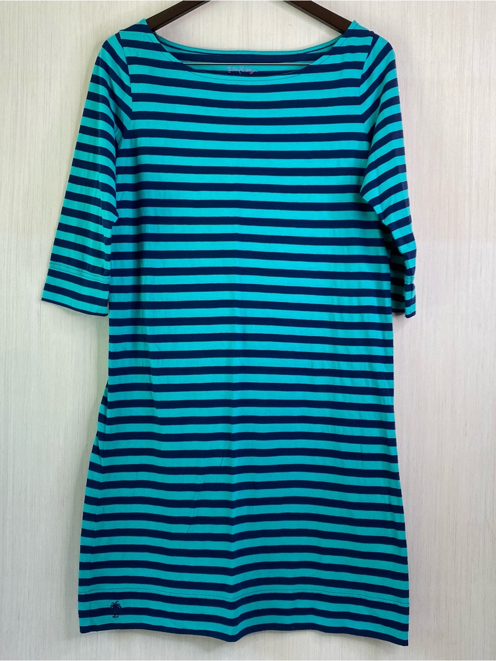 Lilly Pulitzer Cassie Blue & Teal Striped Shift Dress Nautical Boatneck Medium